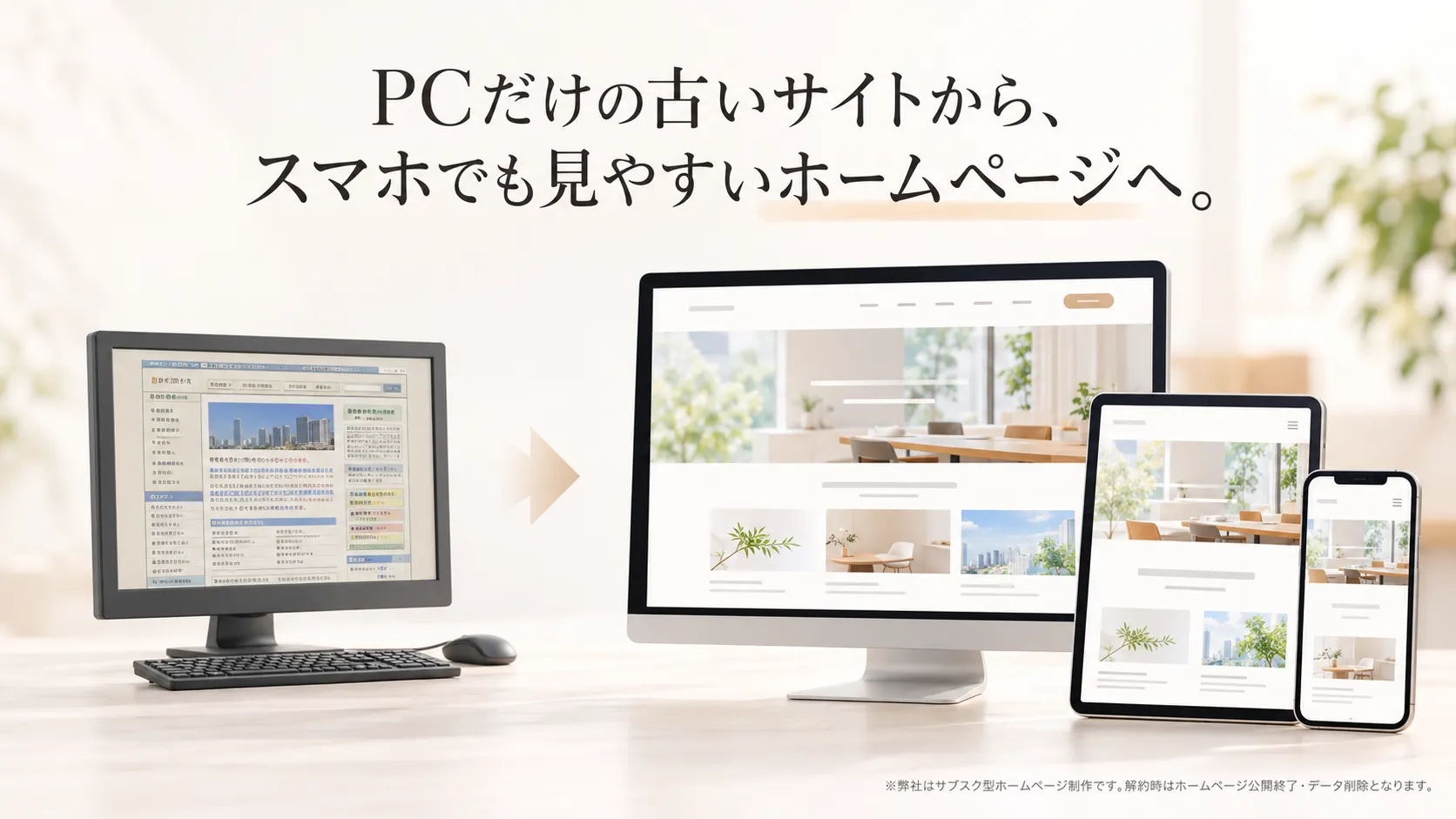 PC表示中心の古いホームページからパソコン・タブレット・スマートフォンで見やすいサイトへリニューアルするイメージ