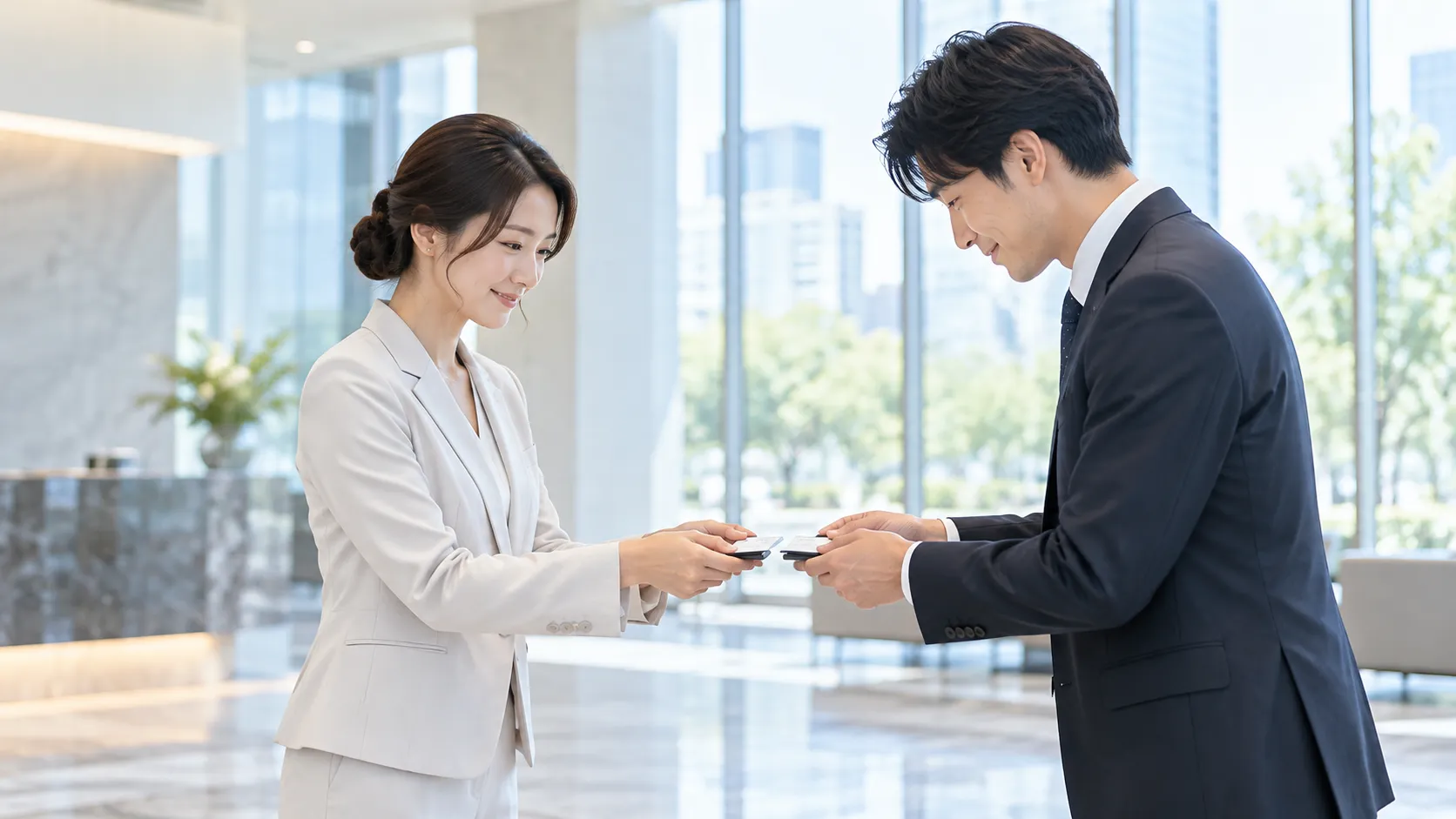 名刺交換をする男女のビジネスパーソン