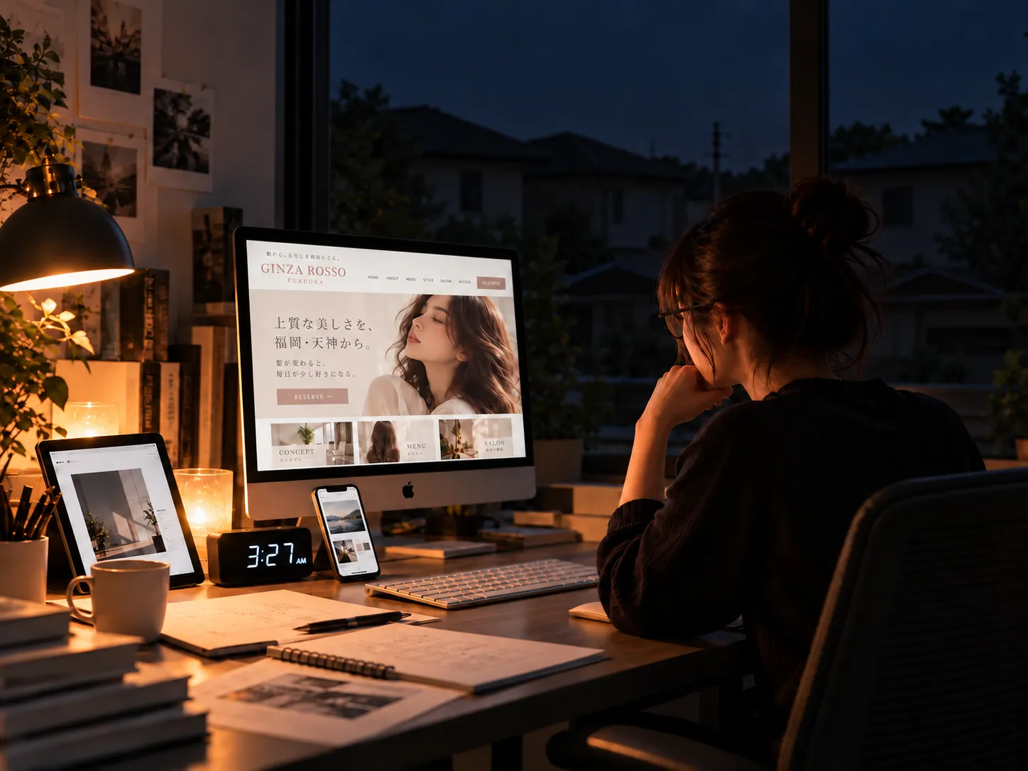 深夜3時27分にホームページのデザインと構成を確認するDesign Mocoの制作イメージ